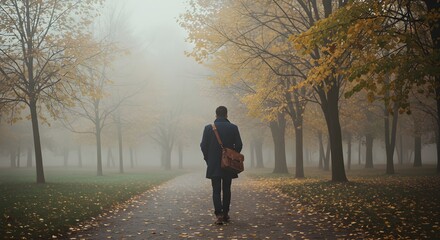 Man walking on a path through a foggy park on an autumn day