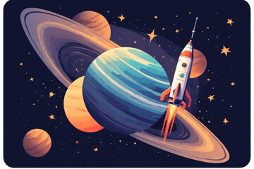A cartoon illustration of a rocket ship flying past planets and stars in space.