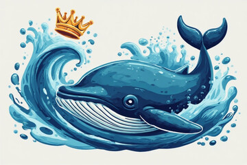 A cartoon whale wearing a golden crown, emerging from ocean waves.