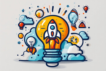A lightbulb containing a rocket launching, surrounded by clouds, lightbulbs and abstract shapes, symbolizing innovation and ideas.