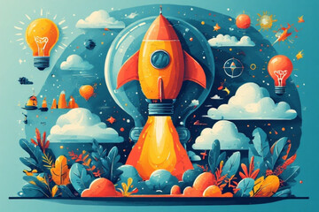 A vibrant illustration of a rocket launching amidst clouds, plants, lightbulbs, and celestial bodies, symbolizing innovation.