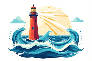 A red lighthouse stands tall amidst crashing waves under a bright sun.