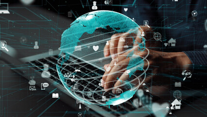 This image depicts hands typing on a laptop, surrounded by dynamic global icons and data links, symbolizing digital connectivity and modern communication trends. Xenic