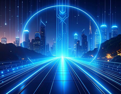 A futuristic cityscape is bathed in blue light, with a glowing arc and pathways leading towards a central structure - Powered by Adobe