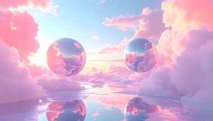 Dreamy Pastel Sky with Reflective Spheres and Fluffy Clouds.