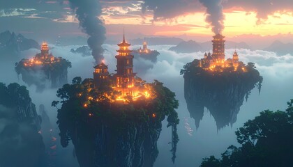 Fototapeta premium Fantasy Floating Islands with Ancient Temples and Glowing Lights at Sunset.