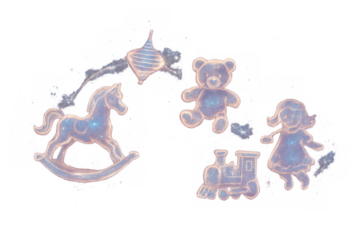 Glowing children's toys creating dreamlike fantasy, including a rocking horse, teddy bear, and doll, on transparent background