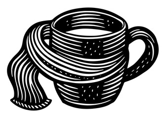 Cozy mug with a warm scarf presented as a vector silhouette illustration