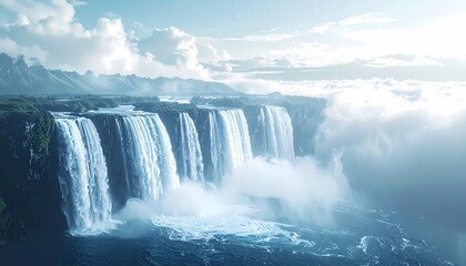 Fototapeta premium Majestic Waterfall Cascading into a Serene River Under a Bright Sky.