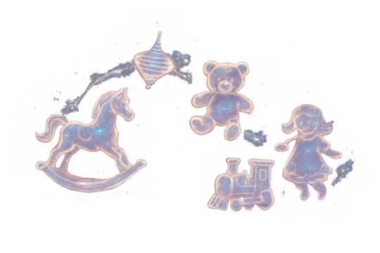 Glowing children's toys creating dreamlike fantasy, including a rocking horse, teddy bear, and doll, on transparent background