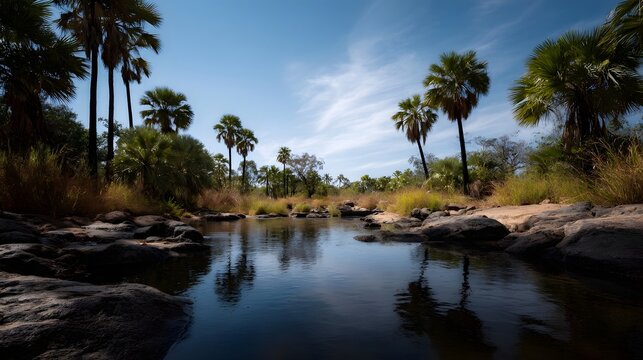 A serene palm lined riverbank with tranquil water reflecting the clear blue sky and lush vegetation