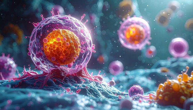 Microscopic view of cells, glowing orange core enclosed in a translucent pink orb, on a textured blue surface