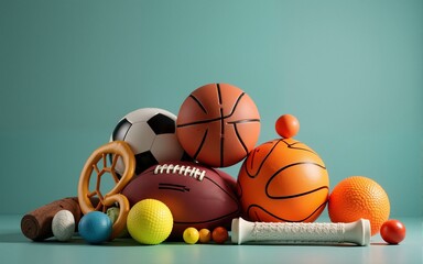 Concept of sport equipment, balls for different sports on pile, athletic professions to choose from, sport promotion for healthy lifestyle. High quality