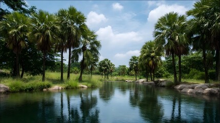 Obraz premium A serene tropical landscape featuring a tranquil pond with reflections of lush palm trees under a bright cloudy sky