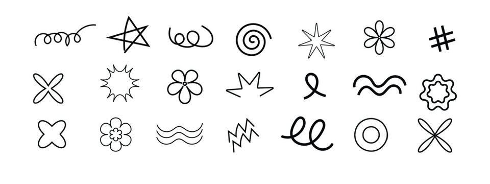 Hand-drawn doodle element set with icons and symbols, vector illustration, isolated on white background