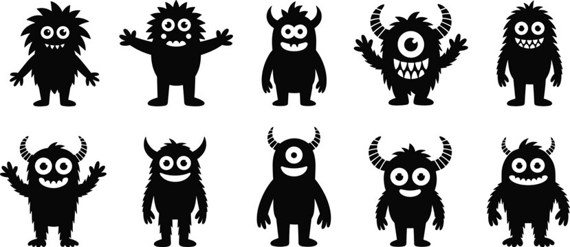 Cartoon monster silhouettes with playful expressions, vector character set for Halloween, fantasy, storytelling, kids design, emotion, and entertainment themes