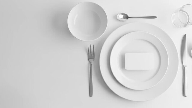 Overhead view of a table setting with white plates, bowl, cutlery, glass, and card