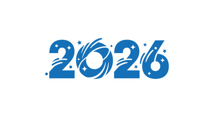 Blue 2026 text with swirling lines and stars on a white background celebrating the new year