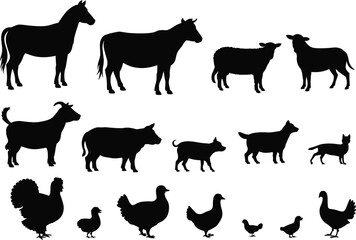 Farm animal silhouettes including horse, cow, goat, pig, poultry, and pets, vector illustration for agriculture, education, and rural design themes