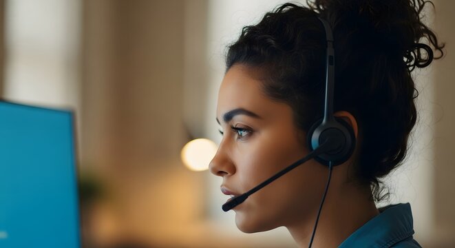 Focused woman wearing headset working on computer in office environment