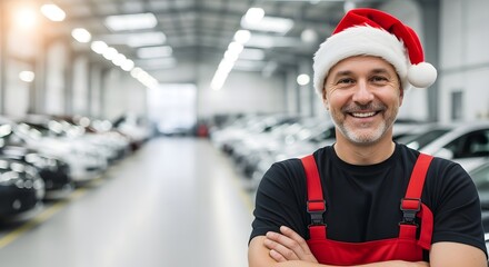 Smiling mechanic wearing a santa hat in a car dealership during the holidays
