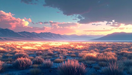 Naklejka premium Vibrant Sunset Over Expansive Desert Landscape with Colorful Sky and Mountains.