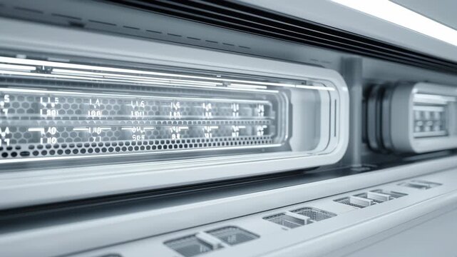 Macro shot of compact thermal storage visualization panel auto balanced by AI, clean minimal future domestic lab aesthetic, off grid smart home