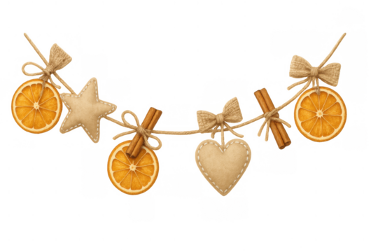 Rustic garland with dried oranges, cinnamon sticks, textile hearts, and fabric stars hanging on a string, transparent background