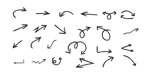 Hand-drawn grunge-style arrows with rough texture and bold lines, vector illustration, isolated on white background