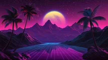 Retro futuristic landscape with palm trees, mountains, and a large moon reflecting on a neon gridded water.
