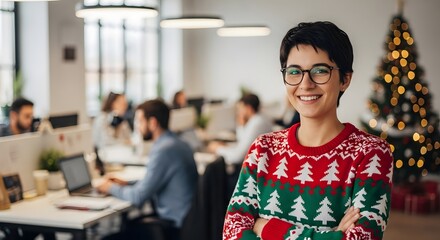 Smiling person in festive ugly christmas sweater at work with decorated tree