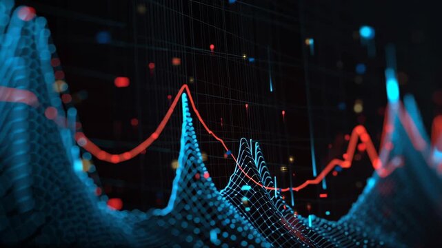 A graph with blue and red lines. The blue lines are the highest points. Macro shot of dynamic convexity + skew factor graphs driven by AI, cinematic future quant finance, ai driven investment fund