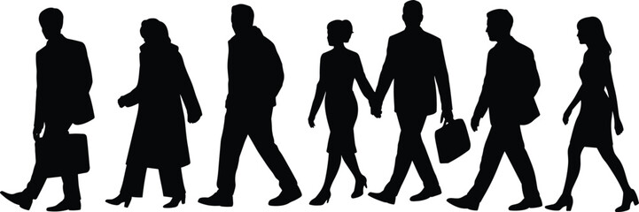 Silhouettes of Business Professionals Walking with Briefcases Depicting Corporate Commute, Teamwork, and Professional Lifestyle in Urban Settings