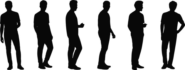 Silhouettes of Casual Male Figures in Varied Standing Poses for Body Language, Character Design, and Posture Illustration