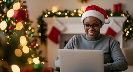Smiling woman wearing santa hat uses laptop surrounded by festive christmas decorations