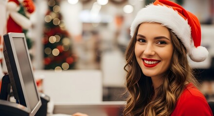 Smiling woman wearing a santa hat working at a checkout counter during christmas
