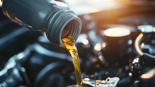 Engine oil being poured into a car engine during routine maintenance at a garage