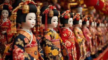 Fototapeta premium Row of traditional japanese geisha dolls in colorful kimonos displayed