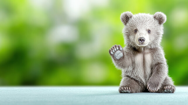 A cute bear cub sitting down in a natural setting, waving with a friendly gesture.