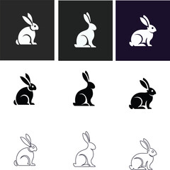 Modern rabbit logo icon set in outline, silhouette, and flat styles on black background, perfect for creative logos and illustrations.