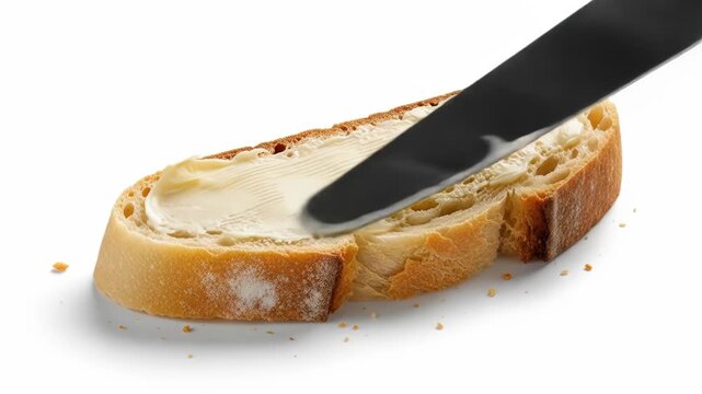 Bread slice being buttered with a black knife, isolated on white