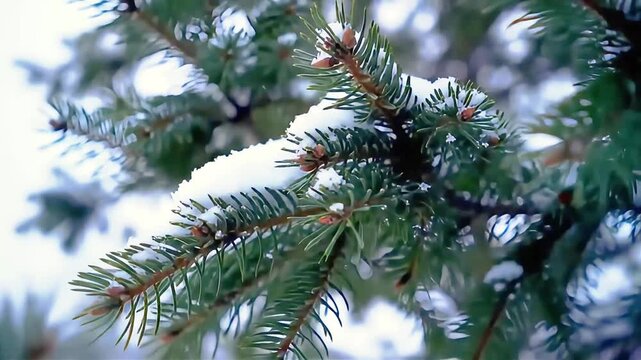 Snow-covered evergreen branch in winter.