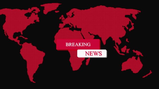 Red World Map With Breaking News Text Overlay On animation Black Background global information. Animated red world map with flashing breaking news banner, global event update design in motion.