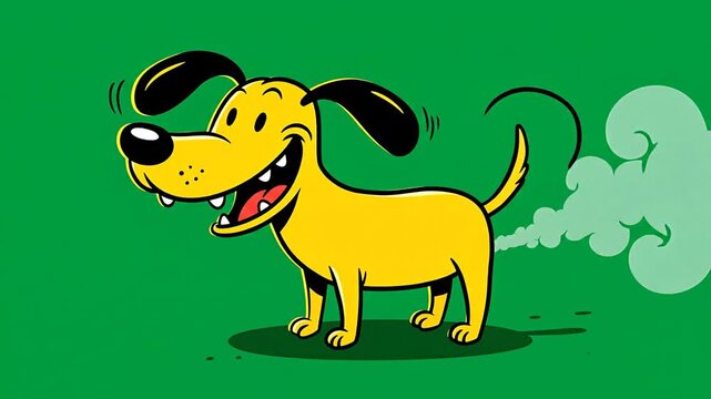 Cartoon dog farting on green background humorous illustration
