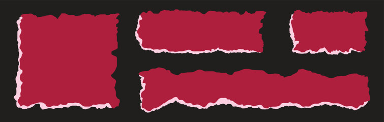 Torn red paper strips on black background. Set of ripped paper edges with rough texture and white torn borders. Perfect for collage design, note elements, scrapbooking, and creative layouts.