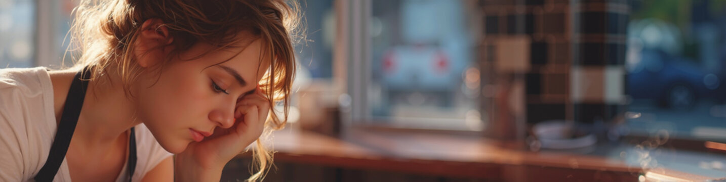 Sad out-of-work waitress in white apron sits on cold tiled floor of empty diner, face in hands. Morning light streams in, illuminating profound sadness