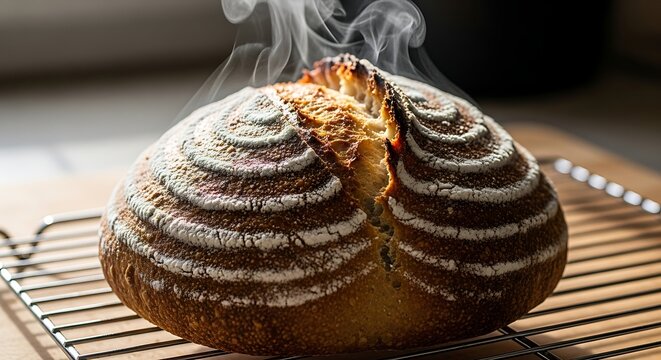 Freshly Baked Bread: Capture the tempting essence of a rustic loaf, its crust perfectly crisped, with gentle steam rising, inviting warmth and the aroma of home baking.
