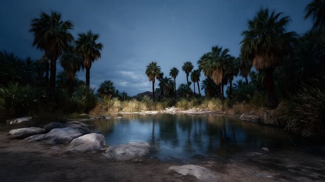 A serene desert oasis with palm trees reflects in a still pond under a starry night sky