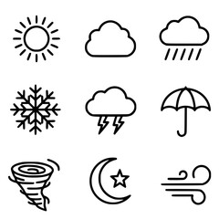 Fototapeta premium Weather Icon Set Sun, Cloud, Rain, Snowflake, Storm, Umbrella, Tornado, Moon, Wind - Simple SVG Icons