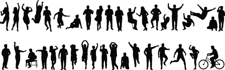 Silhouettes of Diverse Human Poses and Activities Including Sitting, Jumping, Dancing, Running, Stretching, and Bicycle Riding